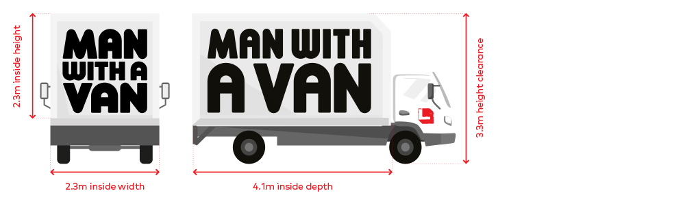 Large trucks have the dimensions: 2.3m inside height, 2.3m inside width. 4.2m inside depth, 3.3m height clearance.