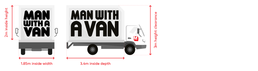 Medium trucks have the dimensions: 2m inside height, 1.85m inside width. 3.4m inside depth, 3m height clearance.
